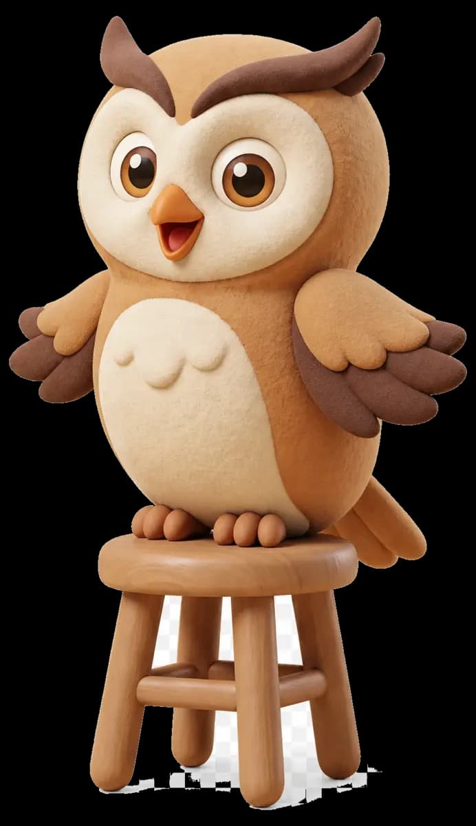 The Caliber owl, perched on a stool