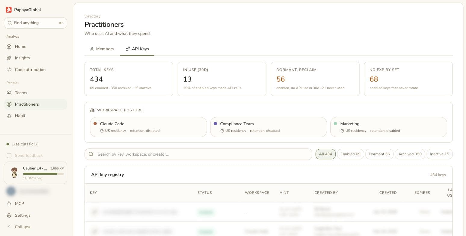 The API key registry: total keys, in use, dormant, no expiry, workspace posture