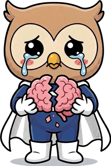 Caliber mascot in tears, holding a cracked brain