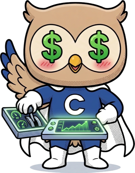 Caliber mascot with dollar signs in his eyes at a control panel