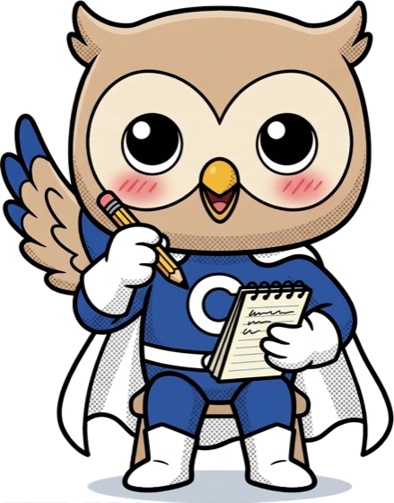 Caliber mascot taking notes with a pencil and notepad