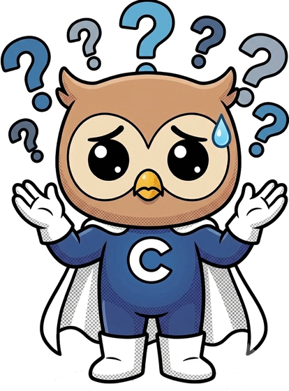 Caliber mascot surrounded by questions it cannot answer, wings up in frustration