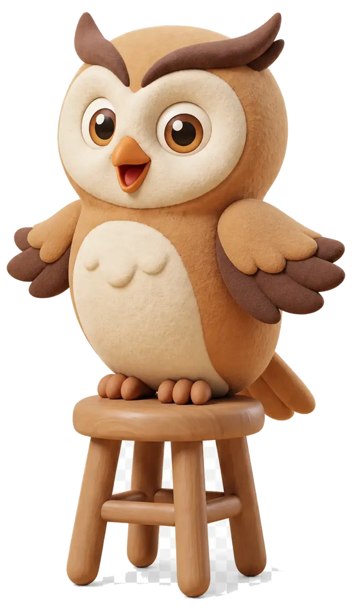 The Caliber owl, perched and cheerful